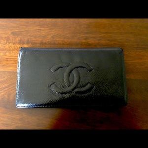 Chanel black pebbles leather large flap wallet